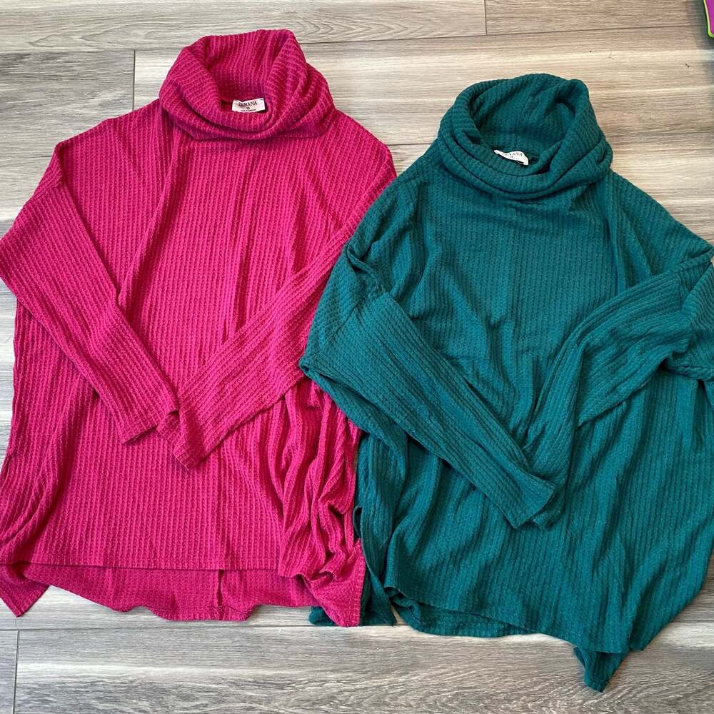 Zenana Plus Size Brushed Waffle Knit Cowl Neck Tunic Sweaters Set (1X & 2X)